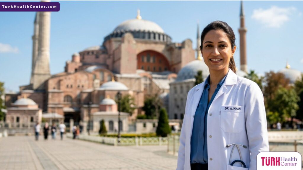 طبيب تجميل متخصص أمام آيا صوفيا في إسطنبول يشرح سعر عملية تجميل الجفون بالليزر في تركيا.