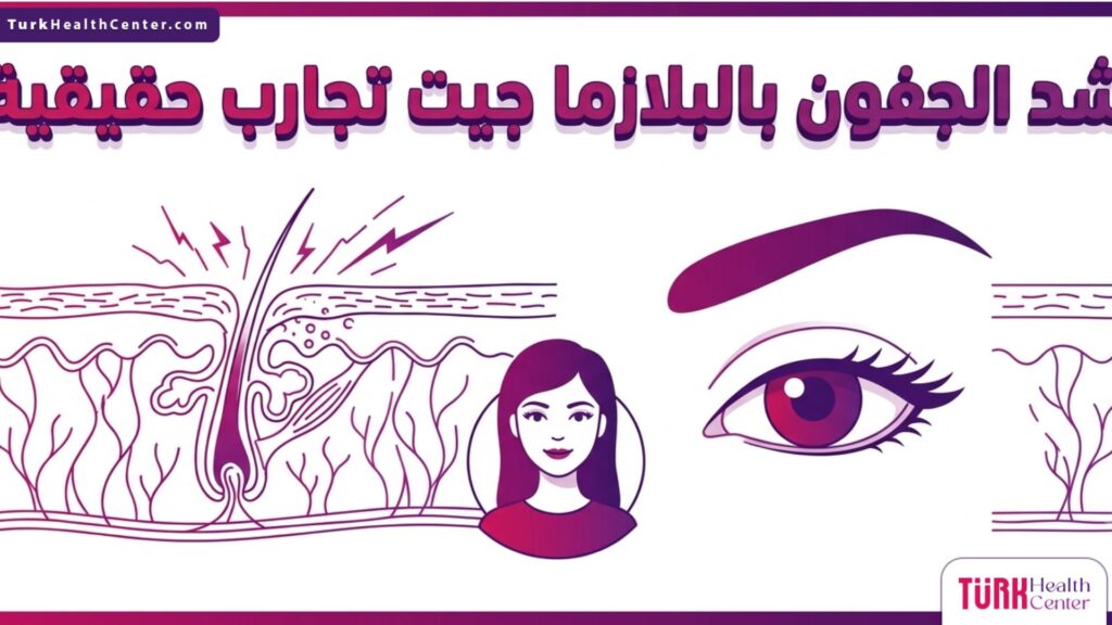إنفوجرافيك طبي يوضح الطبقات التشريحية للجلد وتأثير التقنية أثناء شد الجفون بالبلازما جيت تجارب حقيقية.