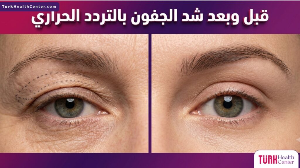 صورة قبل وبعد توضح نتائج شد الجفون بالتردد الحراري وعلاج الترهلات.
