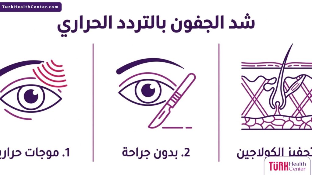 إنفوجرافيك طبي يستعرض مزايا وفوائد شد الجفون بالتردد الحراري.