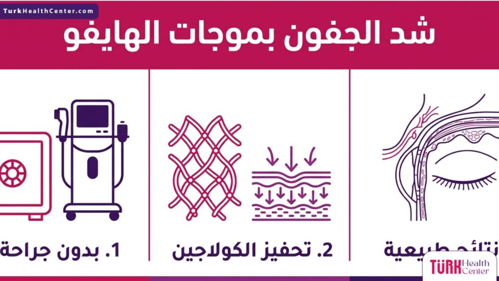 إنفوجرافيك طبي مقسم يوضح أبرز 3 مميزات لعملية شد الجفون بموجات الهايفو.