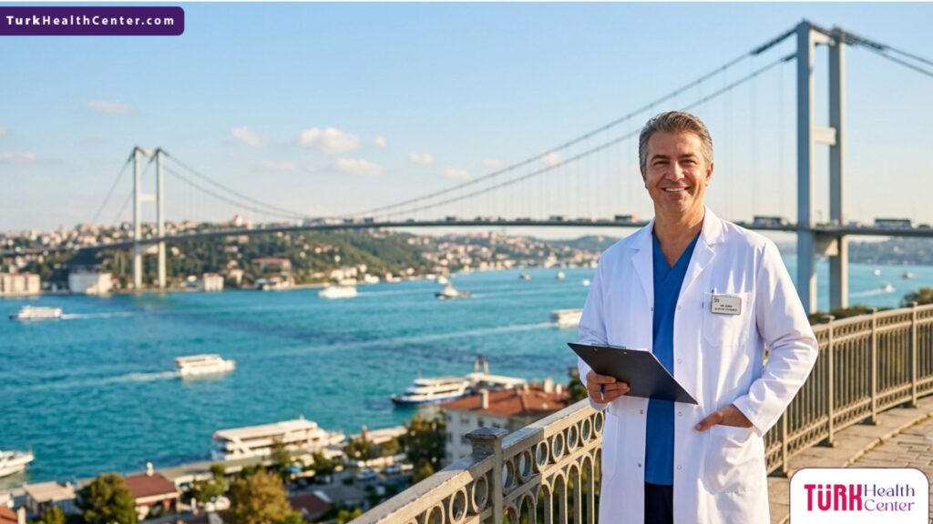طبيب تجميل متخصص يقف بثقة أمام جسر البوسفور في إسطنبول، لتقديم الاستشارات حول شد الجفون بموجات الهايفو.