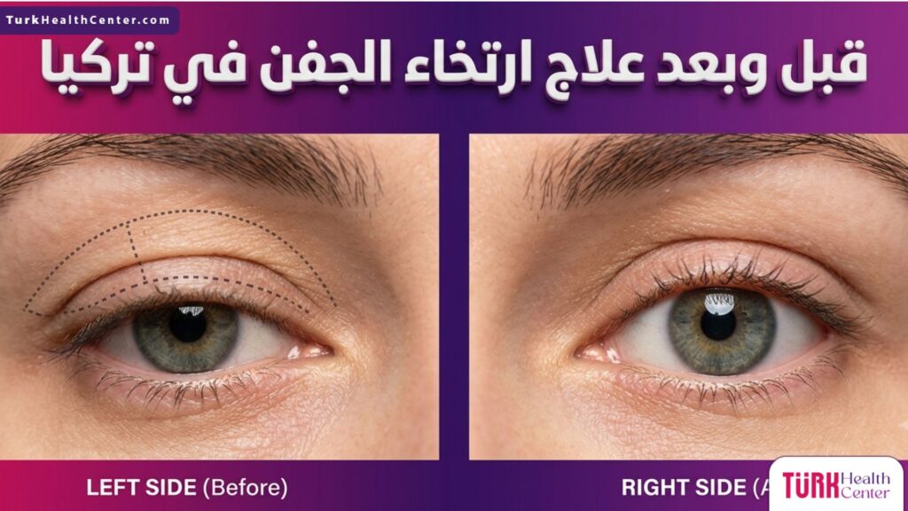 صورة مقسمة واقعية توضح حالة العين قبل وبعد إجراء علاج ارتخاء الجفن في تركيا مع إظهار العلامات الجراحية والنتيجة النهائية.