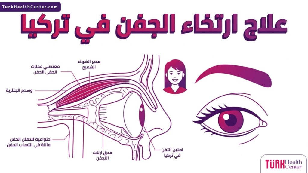 إنفوجرافيك تشريحي دقيق يوضح تركيبة الجفن وتدخلات علاج ارتخاء الجفن في تركيا بأسلوب علمي ومبسط.