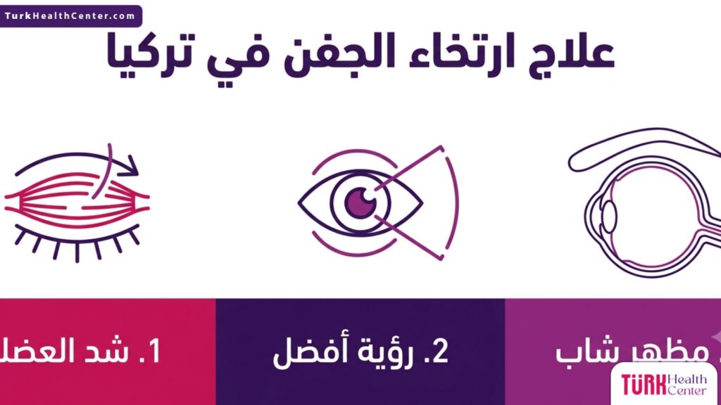 رسم بياني هندسي يوضح الخطوات الثلاث الأساسية والفوائد الطبية المباشرة لعملية علاج ارتخاء الجفن في تركيا.