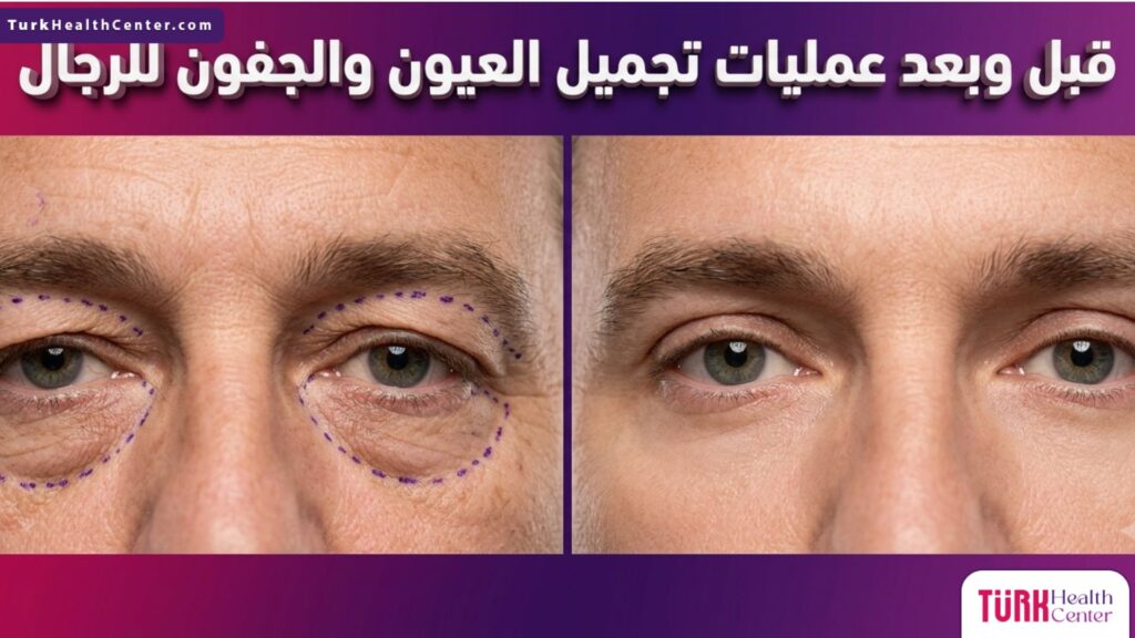 مقارنة قبل وبعد لإجراء عمليات تجميل العيون والجفون للرجال توضح التخلص من الترهلات واستعادة المظهر الشاب.