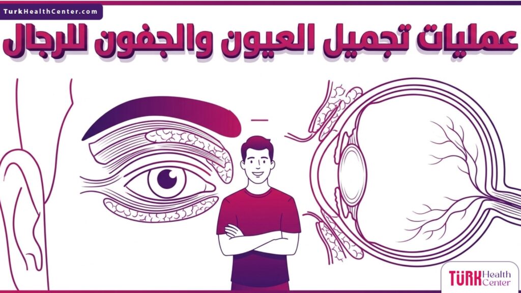 رسم تشريحي دقيق يوضح الطبقات العضلية والدهنية المستهدفة في عمليات تجميل العيون والجفون للرجال.