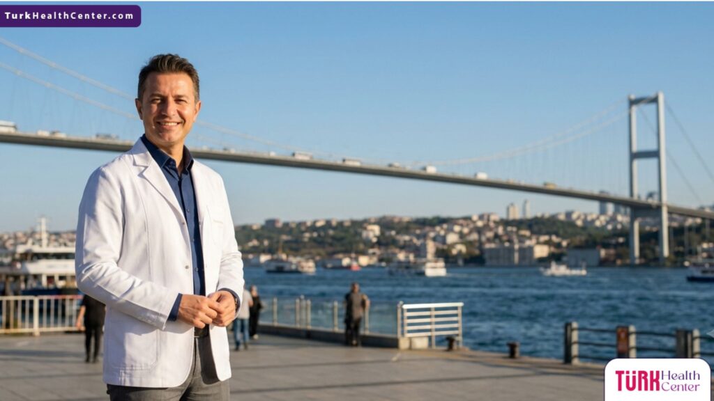 طبيب خبير متخصص في عمليات تجميل العيون والجفون للرجال يقف أمام جسر البوسفور في تركيا.