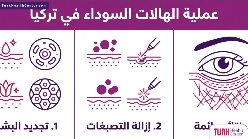 إنفوجرافيك طبي مقسم إلى ثلاثة أقسام يشرح الفوائد والخطوات العلمية لـ عملية الهالات السوداء في تركيا.