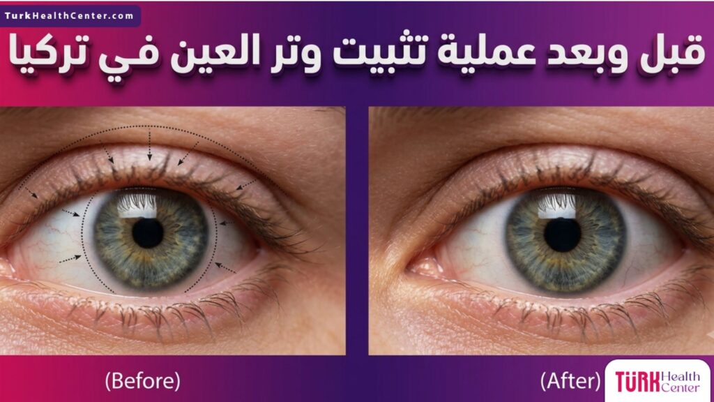صورة واقعية مقارنة قبل وبعد عملية تثبيت وتر العين في تركيا تظهر استقامة ومحاذاة العين بدقة تامة.