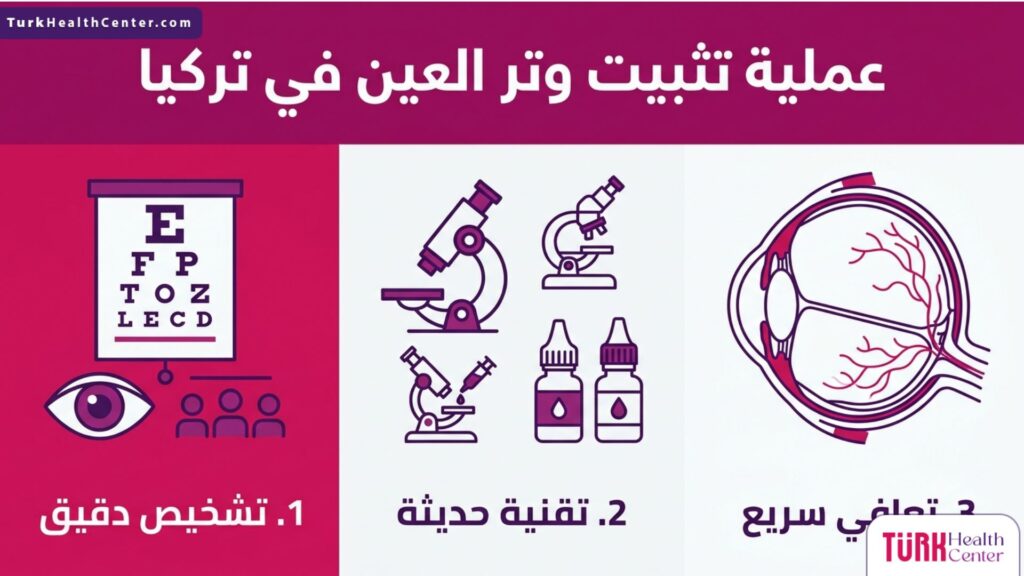 تصميم إنفوجرافيك يشرح خطوات ومميزات عملية تثبيت وتر العين في تركيا من التشخيص إلى التعافي.