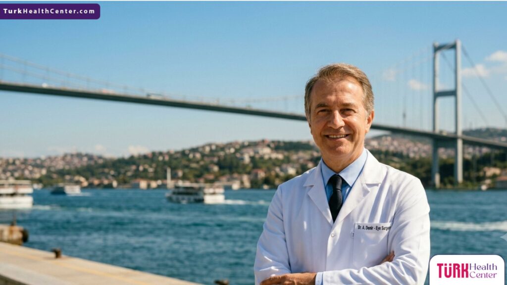 طبيب عيون خبير يقف بثقة أمام جسر البوسفور، مما يعكس ريادة الطب ونجاح عملية تثبيت وتر العين في تركيا.