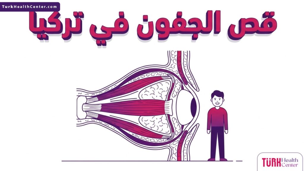 تصميم تشريحي فني يوضح طبقات العين الداخلية والإجراء الطبي المتبع في قص الجفون في تركيا.