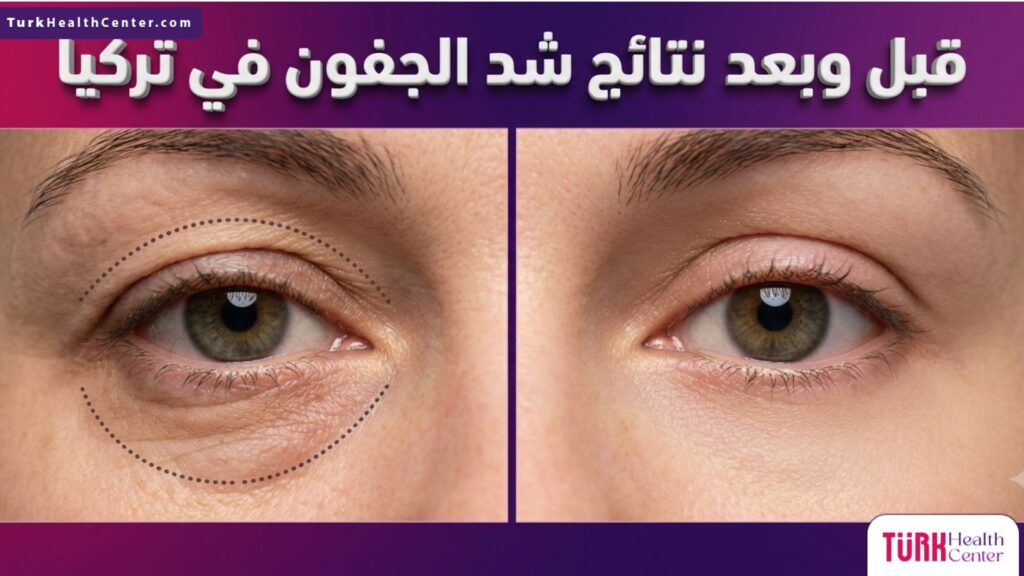 صورة واقعية مقسمة توضح شكل العين قبل التجميل وتألقها بعد الحصول على نتائج شد الجفون في تركيا