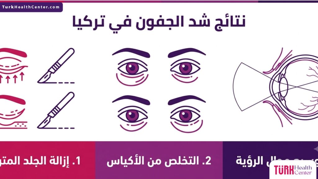 إنفوجرافيك طبي دقيق يشرح الفوائد والخطوات العلمية التي تضمن أروع نتائج شد الجفون في تركيا