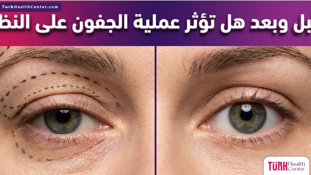 صورة مقسمة تظهر حالة العين قبل وبعد الجراحة للإجابة على تساؤل هل تؤثر عملية الجفون على النظر وتوضيح تحسن الرؤية.