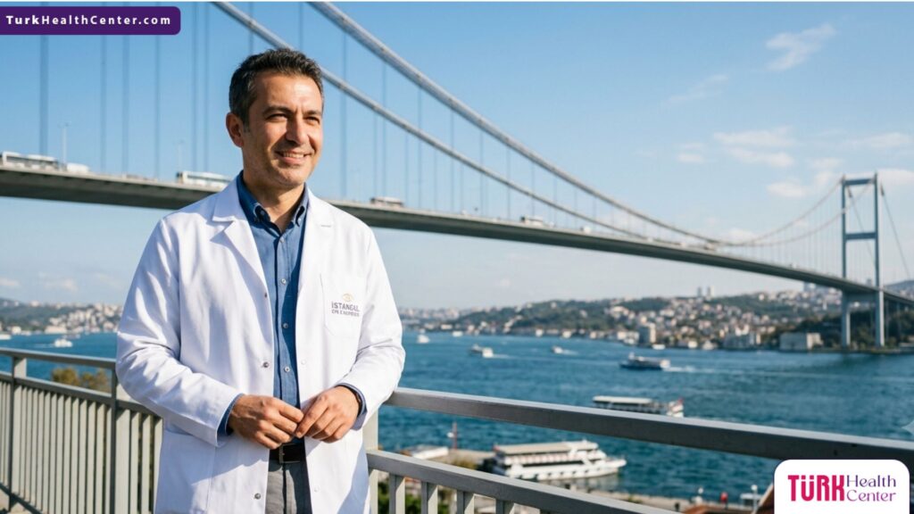 طبيب تجميل خبير في تركيا أمام جسر البوسفور، يقدم الاستشارات الموثوقة حول هل تؤثر عملية الجفون على النظر لضمان راحة المريض.