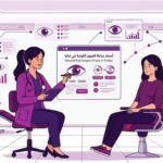 رسوم توضيحية فاخرة لطبيب يشرح تكلفة وباقات أسعار جراحة العيون اللوزية في تركيا لمريضة داخل عيادة حديثة ومتطورة 