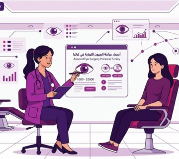 رسوم توضيحية فاخرة لطبيب يشرح تكلفة وباقات أسعار جراحة العيون اللوزية في تركيا لمريضة داخل عيادة حديثة ومتطورة 