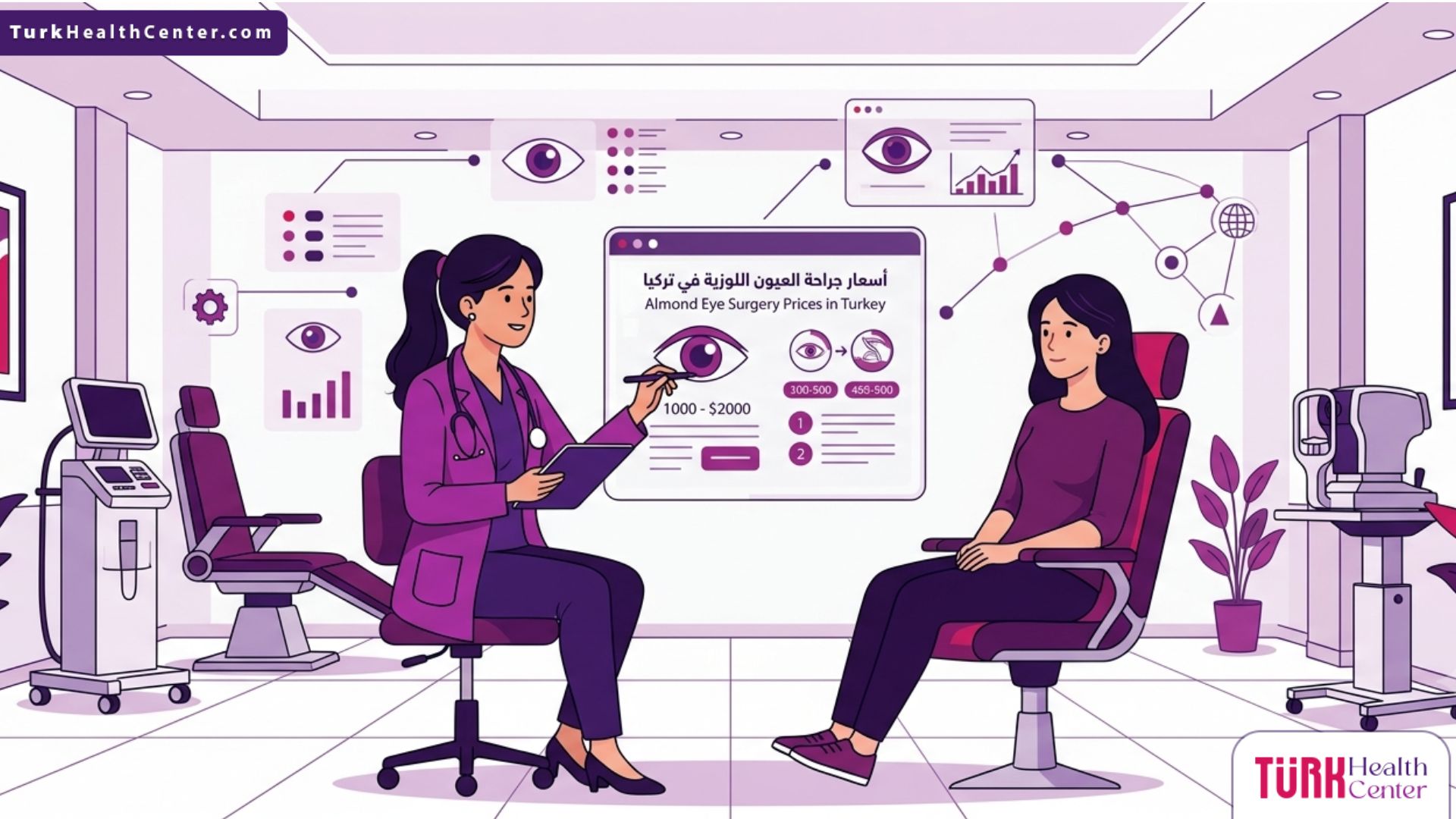 رسوم توضيحية فاخرة لطبيب يشرح تكلفة وباقات أسعار جراحة العيون اللوزية في تركيا لمريضة داخل عيادة حديثة ومتطورة 