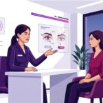 رسم توضيحي متجه لمركز طبي حديث يشرح فيه الطبيب التفاصيل المتعلقة بـ أسعار عمليات تجميل الجفون في تركيا 
