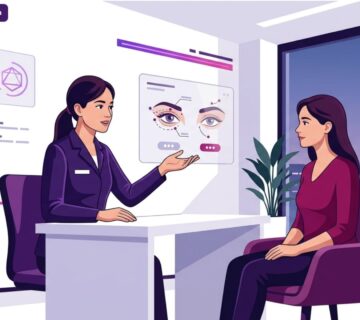 رسم توضيحي متجه لمركز طبي حديث يشرح فيه الطبيب التفاصيل المتعلقة بـ أسعار عمليات تجميل الجفون في تركيا 