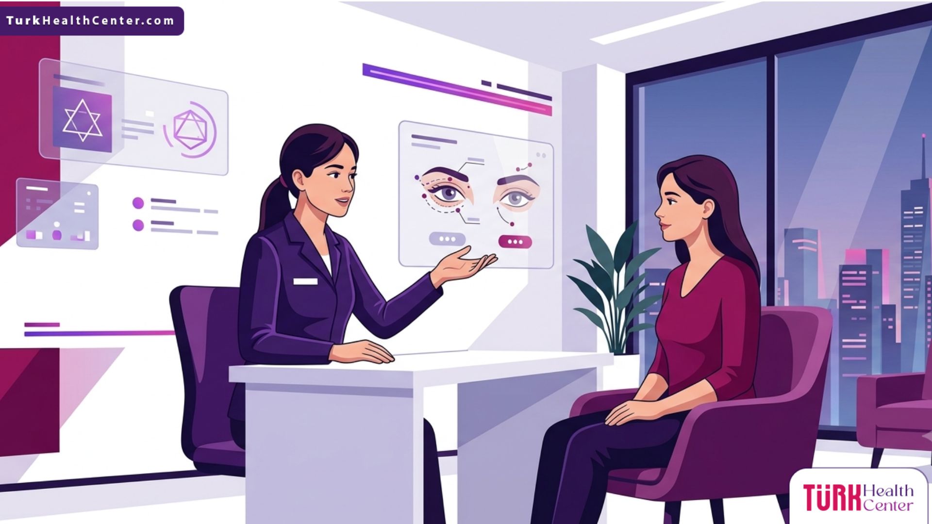 رسم توضيحي متجه لمركز طبي حديث يشرح فيه الطبيب التفاصيل المتعلقة بـ أسعار عمليات تجميل الجفون في تركيا