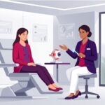 رسم توضيحي للطبيب يشرح تفاصيل إجراء استقامة خط الجفن جراحياً للمريض في عيادة فاخرة