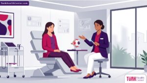 رسم توضيحي للطبيب يشرح تفاصيل إجراء استقامة خط الجفن جراحياً للمريض في عيادة فاخرة
