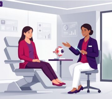 رسم توضيحي للطبيب يشرح تفاصيل إجراء استقامة خط الجفن جراحياً للمريض في عيادة فاخرة