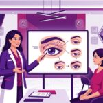 رسم توضيحي لعيادة طبية فاخرة وطبيب يشرح تفاصيل إجراء تصحيح ارتخاء الجفن العلوي للمريض