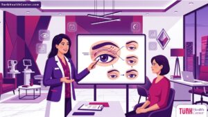 رسم توضيحي لعيادة طبية فاخرة وطبيب يشرح تفاصيل إجراء تصحيح ارتخاء الجفن العلوي للمريض
