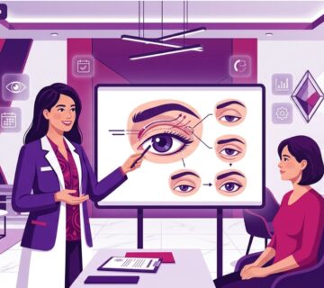 رسم توضيحي لعيادة طبية فاخرة وطبيب يشرح تفاصيل إجراء تصحيح ارتخاء الجفن العلوي للمريض