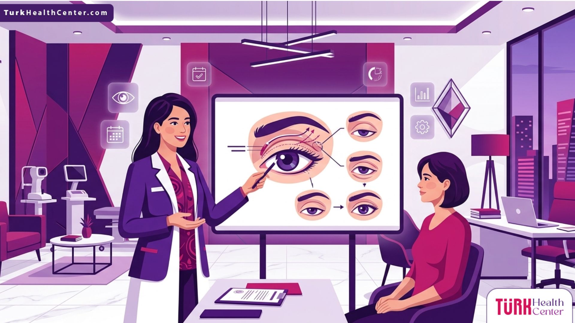 رسم توضيحي لعيادة طبية فاخرة وطبيب يشرح تفاصيل إجراء تصحيح ارتخاء الجفن العلوي للمريض