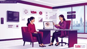 رسم توضيحي يظهر طبيباً يشرح تفاصيل تكلفة جراحة شد زاوية العين في تركيا للمريض داخل عيادة تجميلية حديثة 