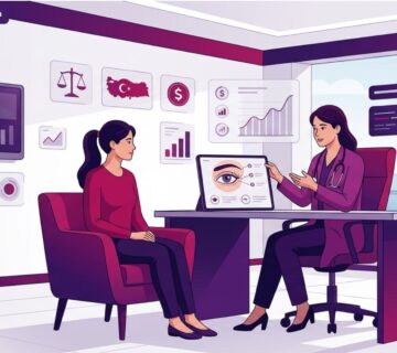 رسم توضيحي يظهر طبيباً يشرح تفاصيل تكلفة جراحة شد زاوية العين في تركيا للمريض داخل عيادة تجميلية حديثة 