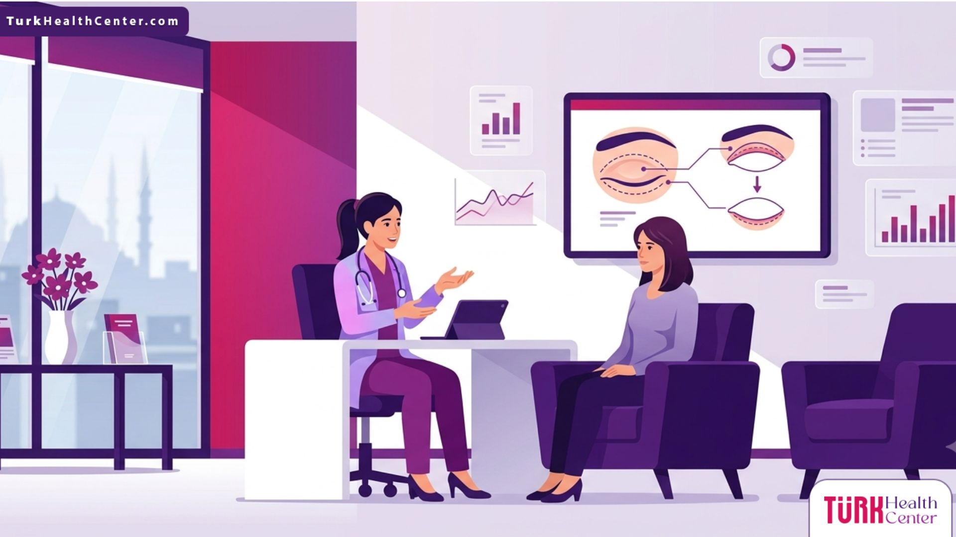 توضيح مرئي عالي الجودة لعيادة طبية حديثة ومختصة في جراحة الجفون الترميمية في تركيا مع استشاري متخصص 