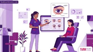 رسم توضيحي لعيادة طبية فاخرة وطبيب يشرح تفاصيل جراحة تجميل الجفن السفلي للمريض 