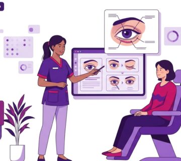 رسم توضيحي لعيادة طبية فاخرة وطبيب يشرح تفاصيل جراحة تجميل الجفن السفلي للمريض 