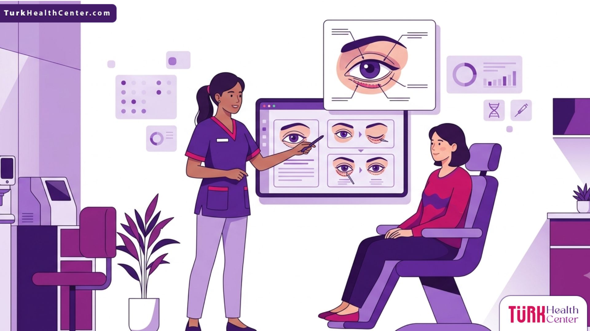 رسم توضيحي لعيادة طبية فاخرة وطبيب يشرح تفاصيل جراحة تجميل الجفن السفلي للمريض