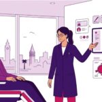 رسم توضيحي حديث يظهر طبيباً يشرح تفاصيل جراحة تجميل محجر العين في تركيا لمريض داخل عيادة طبية فاخرة 