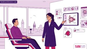 رسم توضيحي حديث يظهر طبيباً يشرح تفاصيل جراحة تجميل محجر العين في تركيا لمريض داخل عيادة طبية فاخرة 