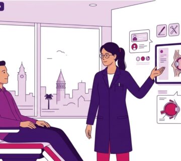 رسم توضيحي حديث يظهر طبيباً يشرح تفاصيل جراحة تجميل محجر العين في تركيا لمريض داخل عيادة طبية فاخرة 