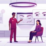 رسم توضيحي يظهر طبيباً في عيادة تجميل حديثة يشرح تفاصيل جراحة رفع الحواجب الجراحية لمريض 