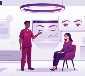 رسم توضيحي يظهر طبيباً في عيادة تجميل حديثة يشرح تفاصيل جراحة رفع الحواجب الجراحية لمريض 