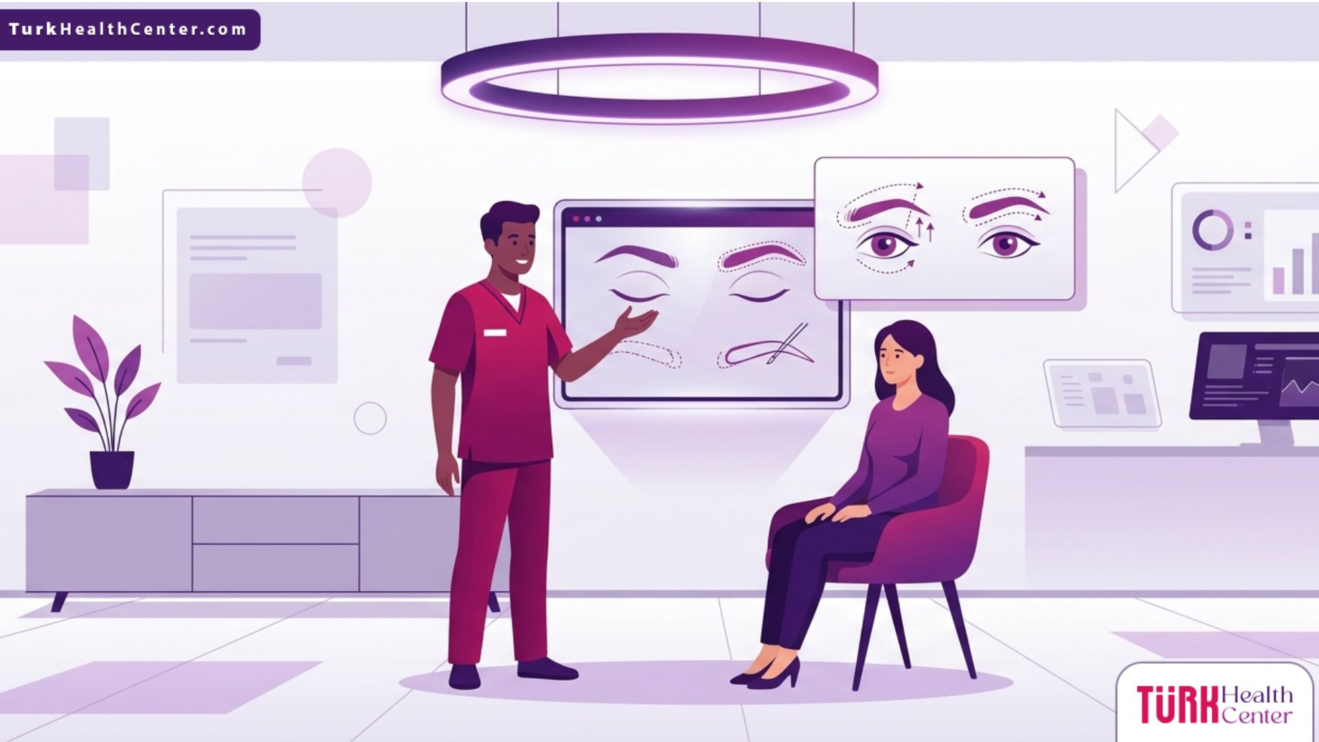 رسم توضيحي يظهر طبيباً في عيادة تجميل حديثة يشرح تفاصيل جراحة رفع الحواجب الجراحية لمريض