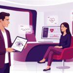 رسم توضيحي يظهر استشارة طبية متقدمة حول جراحة شد الجفن السفلي مع قص الجلد في عيادة تجميل فاخرة