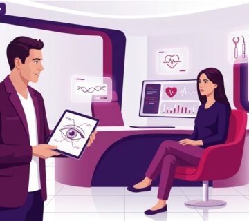 رسم توضيحي يظهر استشارة طبية متقدمة حول جراحة شد الجفن السفلي مع قص الجلد في عيادة تجميل فاخرة