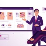 رسم توضيحي متجهي فاخر لطبيب يشرح خطوات جراحة شد العين في تركيا لمريض داخل عيادة تجميل حديثة 
