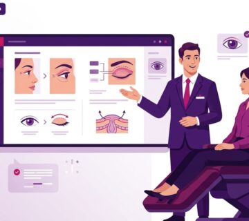 رسم توضيحي متجهي فاخر لطبيب يشرح خطوات جراحة شد العين في تركيا لمريض داخل عيادة تجميل حديثة 